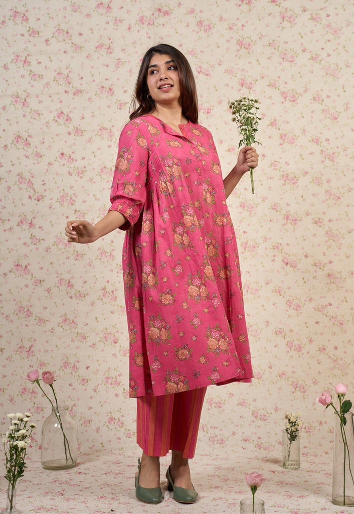Rosie Pink Sanganeri Mul Cotton A Line Kurta