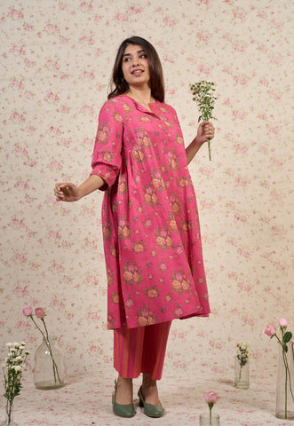 Rosie Pink Sanganeri Mul Cotton A Line Kurta