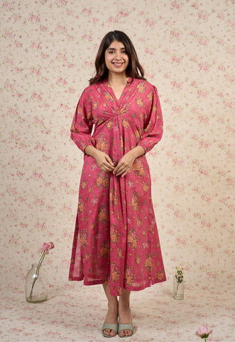 Rosie Pink Sanganeri Mul Cotton A Line Dress
