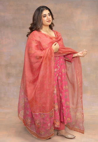 Rosaline Pink Sanganeri Chanderi Silk Kali Kurta with Hand Embroidery