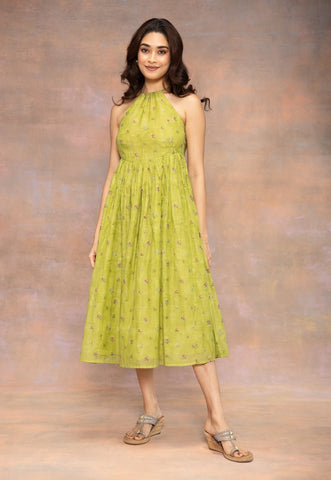 Rooz Green Sanganeri Chanderi Silk A Line Dress