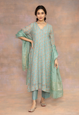 Rosalia Blue Sanganeri Chanderi Silk A Line Kurta with Hand Embroidery, Mukaish Detailing and Slip