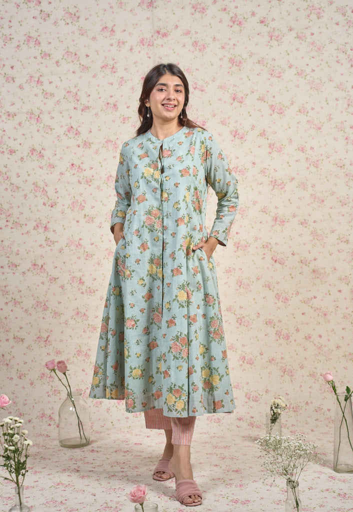 Emma Blue Sanganeri Slub Cotton Kali Kurta