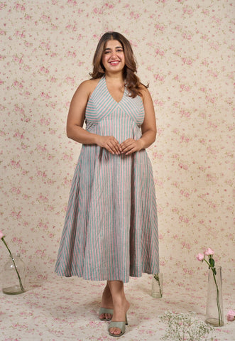 Ada Blue Stripes Sanganeri Mul Cotton A Line Dress