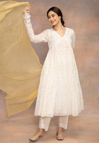 Rois White Sanganeri Chanderi Silk A Line Kurta with Hand Embroidery