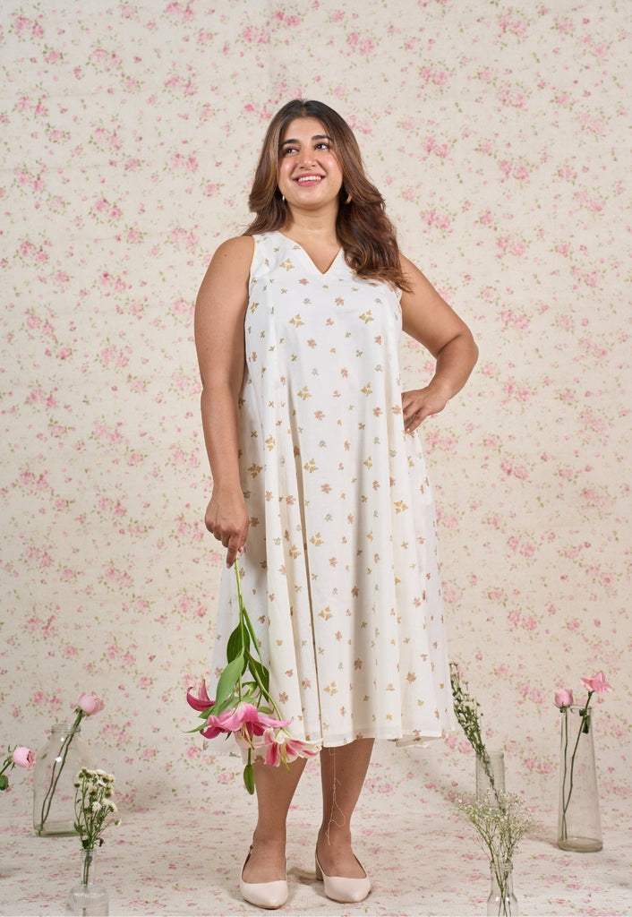 Sophia White Sanganeri Mul Cotton A Line Dress