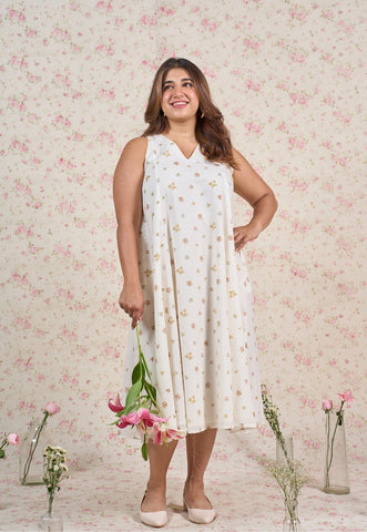 Sophia White Sanganeri Mul Cotton A Line Dress