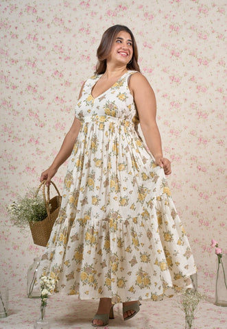 Kimber White Sanganeri Mul Cotton A Line Dress