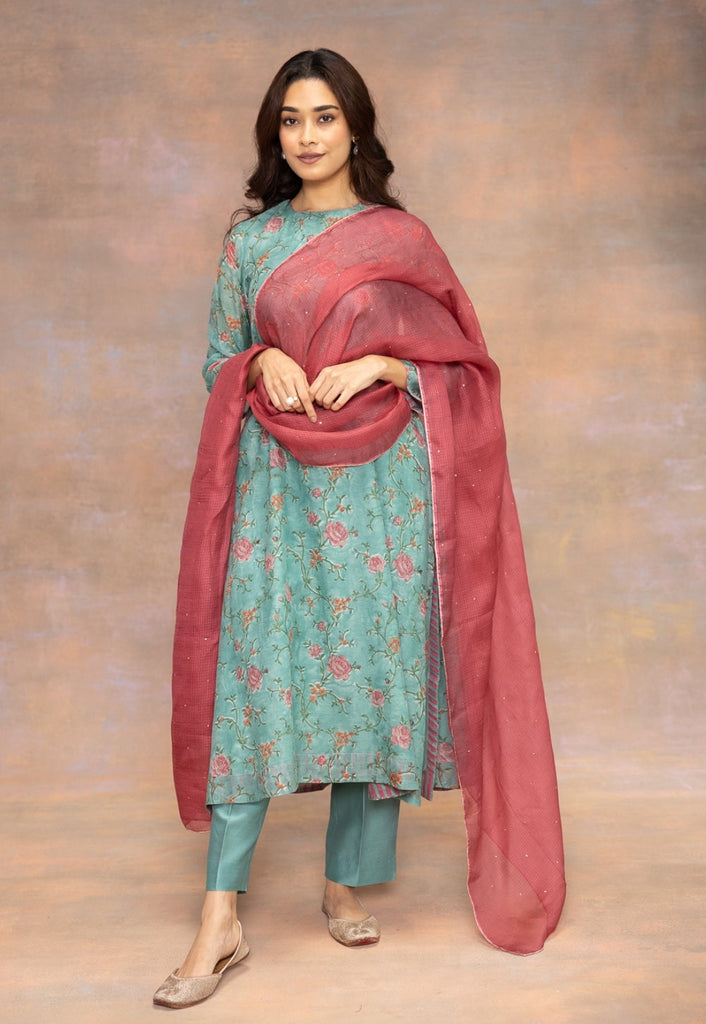 Rosalia Blue Sanganeri Chanderi Silk A Line Kurta