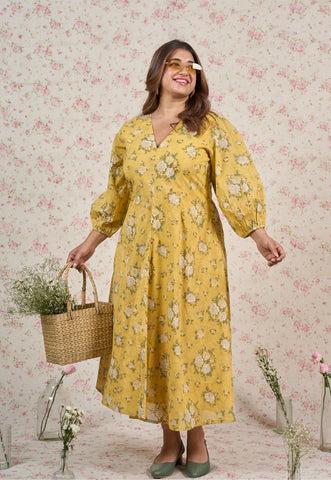 Hazel Yellow Sanganeri Mul Cotton A Line Dress