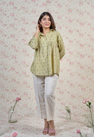 Enola Green Sanganeri Mul Cotton Straight Short Top