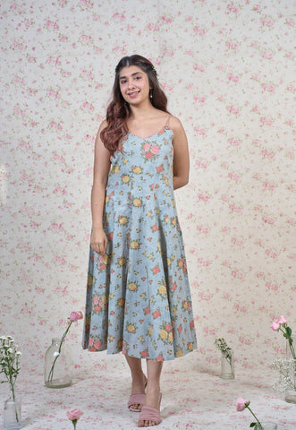 Emma Blue Sanganeri Slub Cotton A Line Dress
