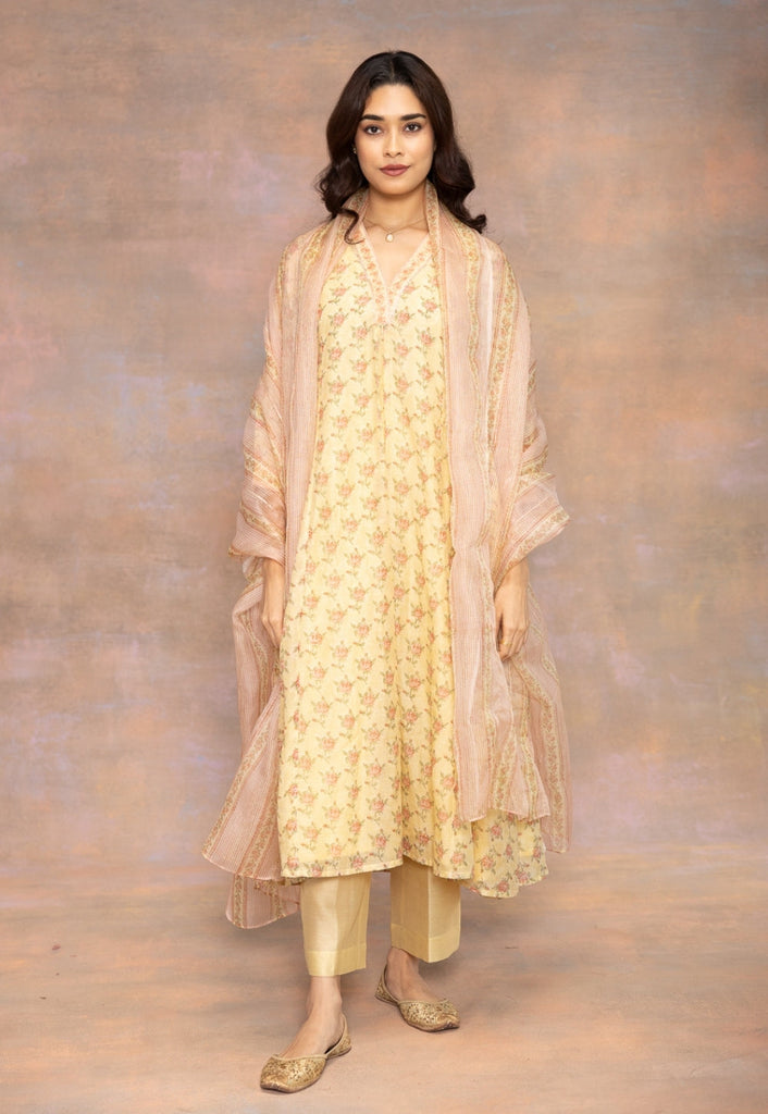 Rosa Yellow Sanganeri Chanderi Silk Kali Kurta