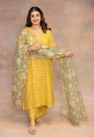 Rosa Yellow Sanganeri Chanderi Silk Straight Kurta with Pitta Embroidery