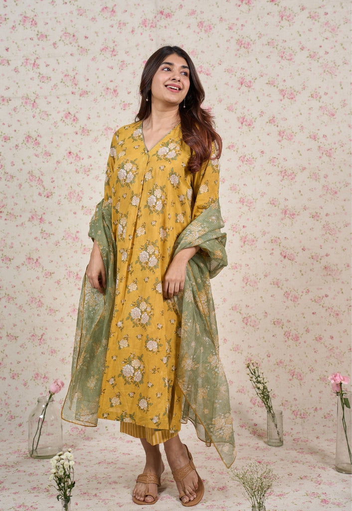 Hazel Yellow Sanganeri Mul Cotton Straight Kurta
