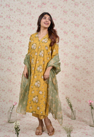 Hazel Yellow Sanganeri Mul Cotton Straight Kurta