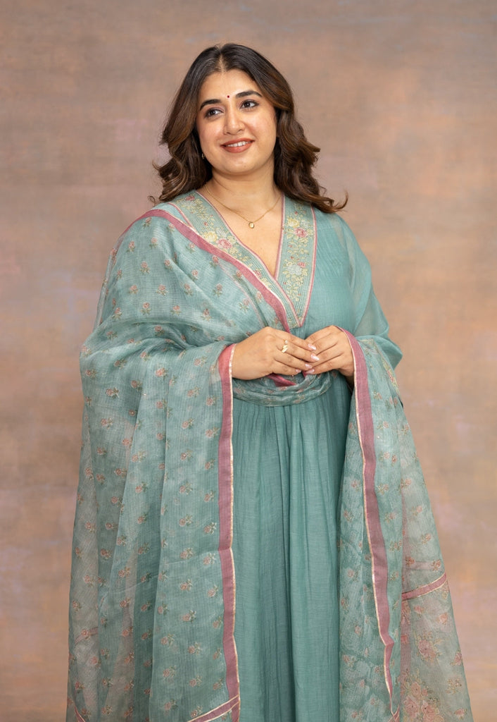 Gul Blue Solid Chanderi Silk A Line Kurta with Embroidery