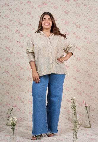 Mia Grey Sanganeri Mul Cotton Straight Short Top with Embroidery