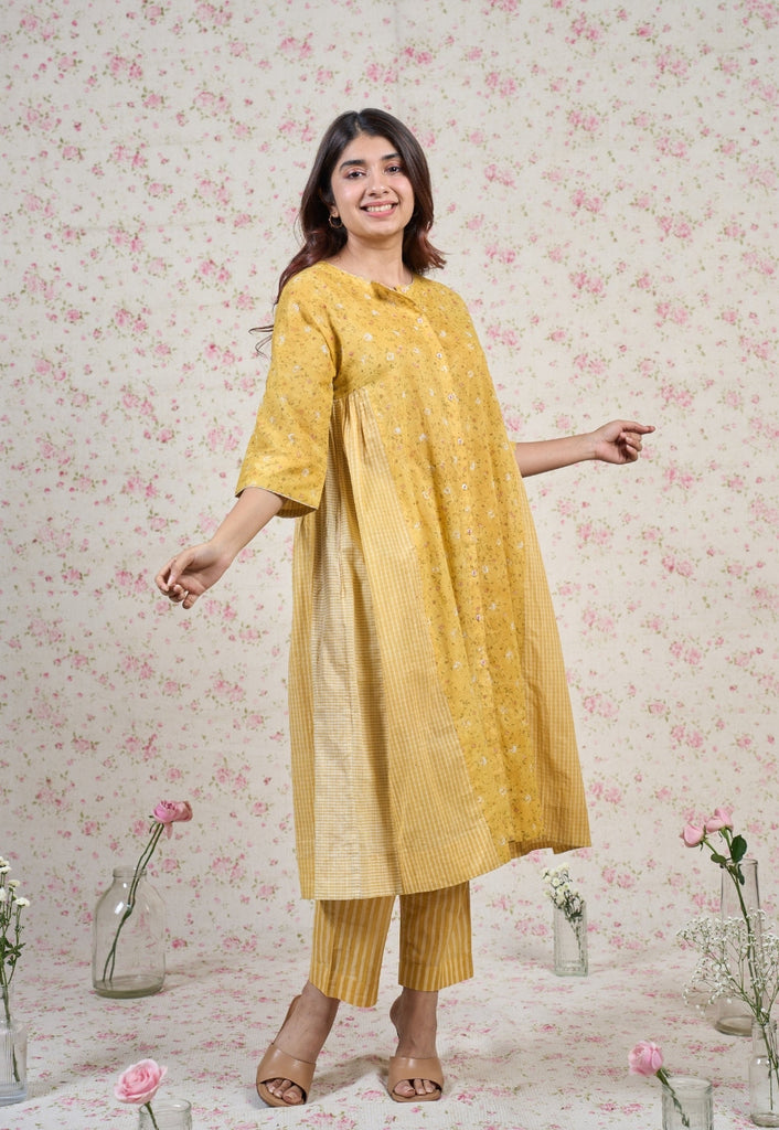 Olivia Yellow Sanganeri Mul Cotton Kali Kurta with Embroidery
