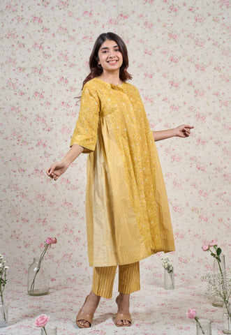Olivia Yellow Sanganeri Mul Cotton Kali Kurta with Embroidery