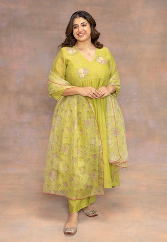 Rooz Green Solid Chanderi Silk Kali Kurta with Hand Embroidery
