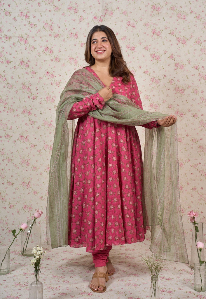 Julia Pink Sanganeri Mul Cotton A Line Kurta