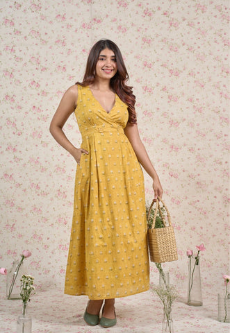 Jenny Yellow Sanganeri Mul Cotton A Line Dress
