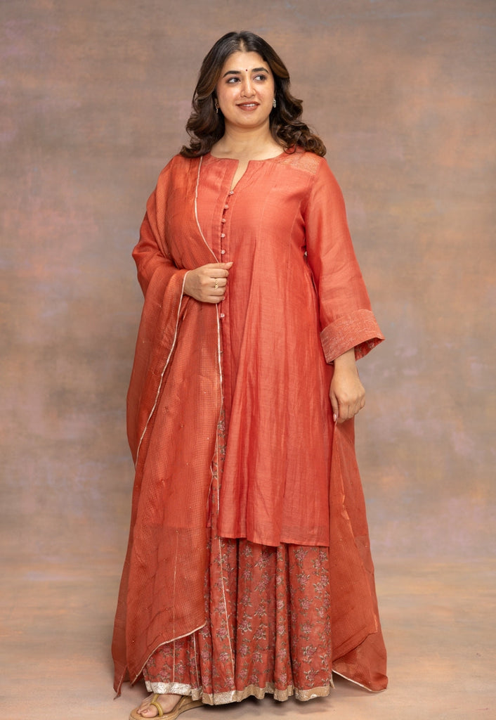 Rosa Orange Sanganeri Chanderi Silk Kali Skirt