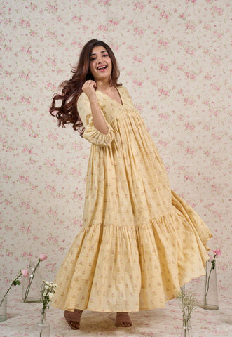 Alice Yellow Sanganeri Mul Cotton A Line Dress