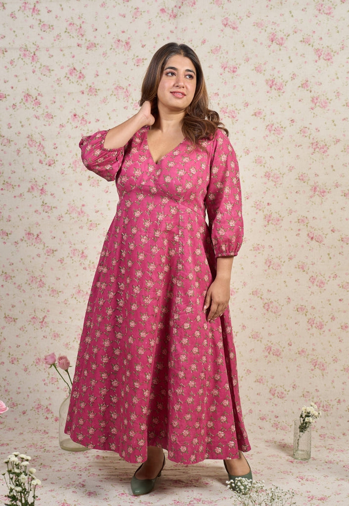 Julia Pink Sanganeri Mul Cotton A Line Dress