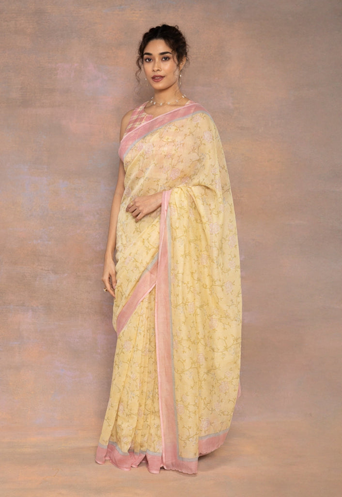 Yellow Sanganeri Hand Block Print Chanderi Silk Saree