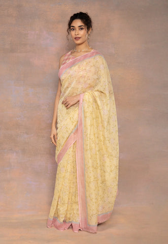 Yellow Sanganeri Hand Block Print Chanderi Silk Saree