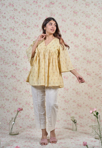 Alice Yellow Sanganeri Mul Cotton A Line Short Top