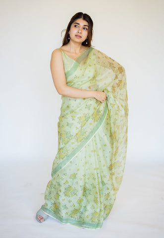 Green Sanganeri Hand Block Print Kota Doria Silk Saree