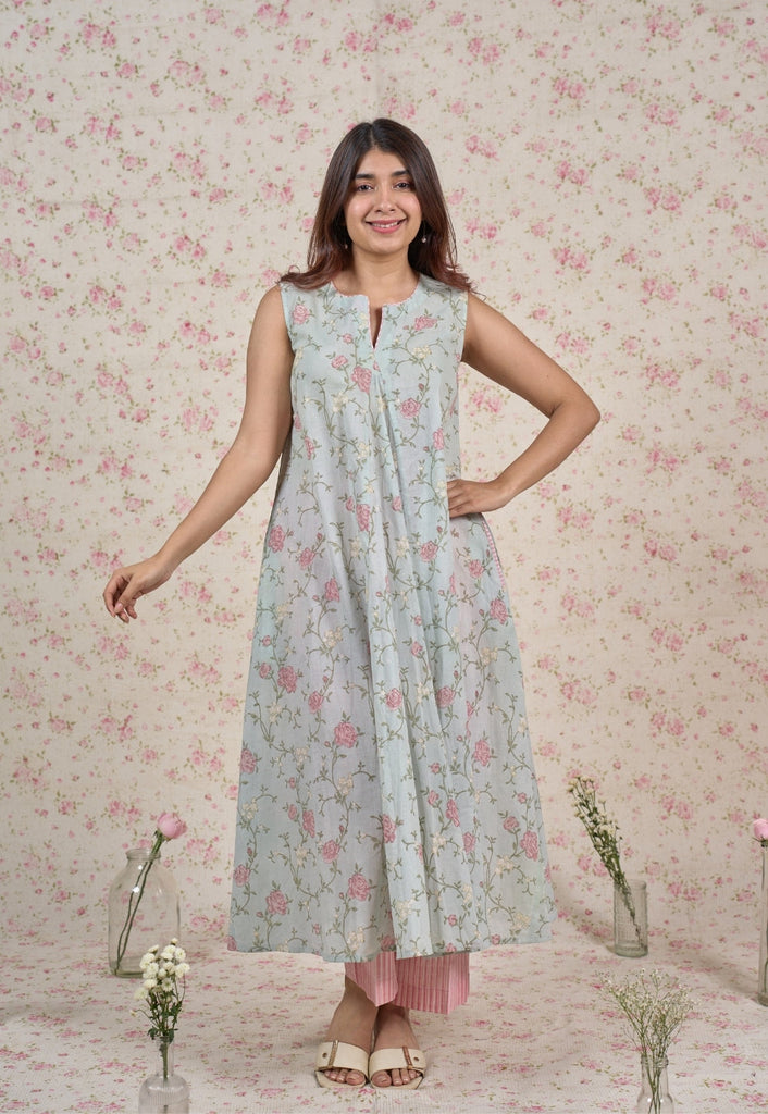 Flora Blue Sanganeri Mul Cotton A Line Kurta