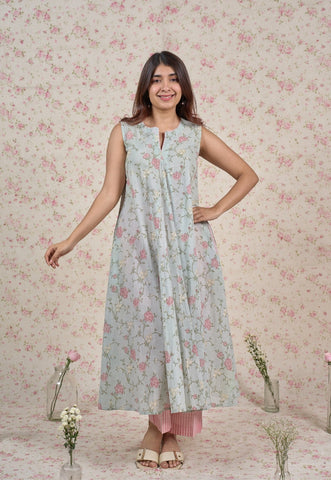 Flora Blue Sanganeri Mul Cotton A Line Kurta