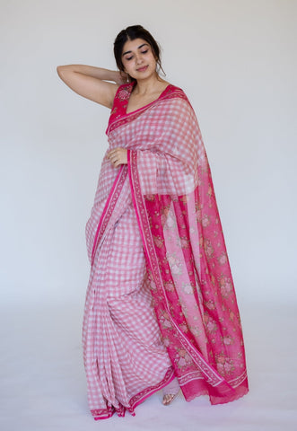 Pink Sanganeri Hand Block Print Chanderi Silk Saree