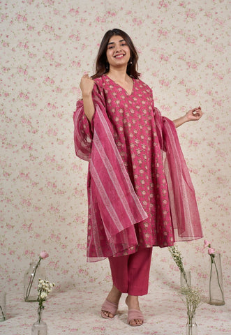 Julia Pink Sanganeri Mul Cotton Jhabbha Kali Kurta
