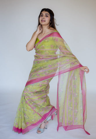 Green Sanganeri Hand Block Print Cotton Kota Doria Saree