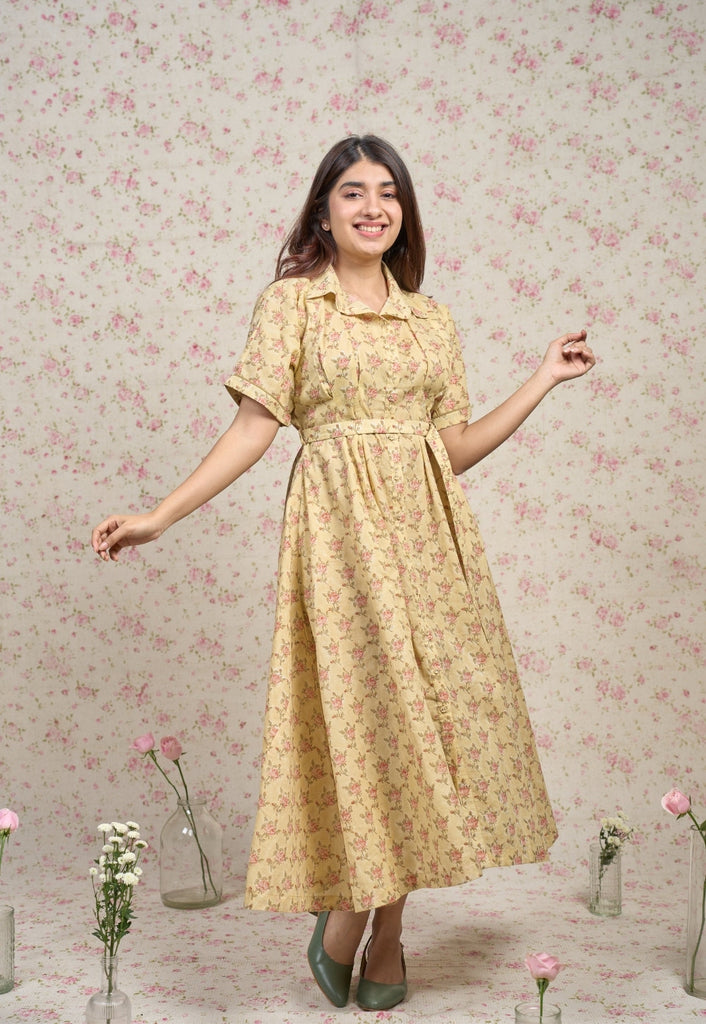 Zoe Yellow Sanganeri Mul Cotton A Line Dress