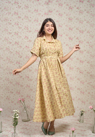 Zoe Yellow Sanganeri Mul Cotton A Line Dress
