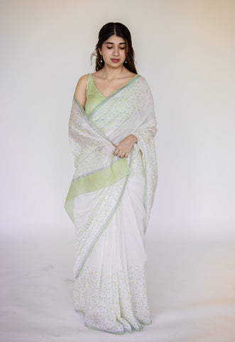 White Sanganeri Hand Block Print Chanderi Silk Saree