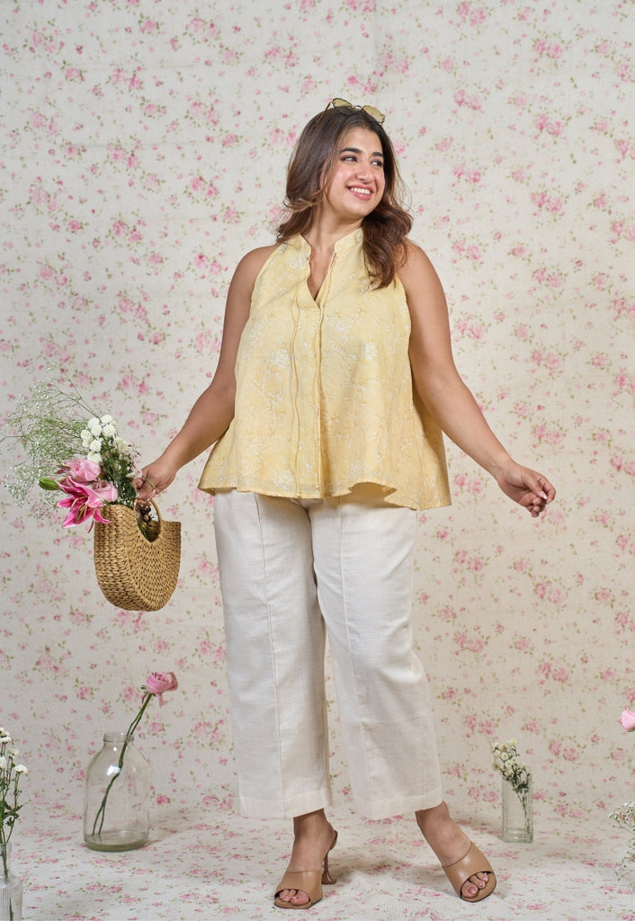 Amy Yellow Sanganeri Mul Cotton A Line Short Top