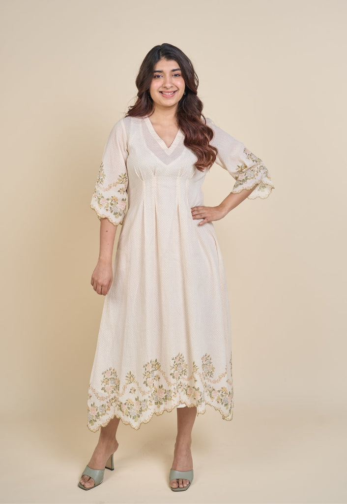Zia White Sanganeri Mul Cotton A Line Dress with Embroidery