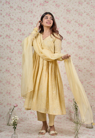 Amy Yellow Sanganeri Mul Cotton A Line Kurta