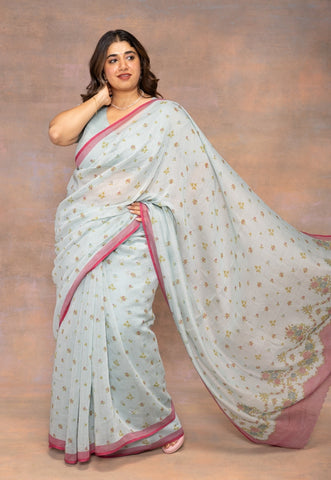 Blue Sanganeri Hand Block Print Chanderi Silk Saree