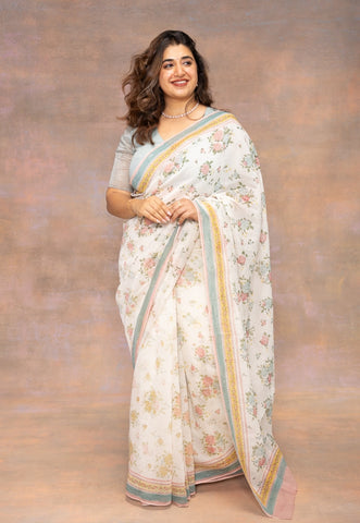 White Sanganeri Hand Block Print Chanderi Silk Saree