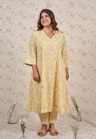 Helen Yellow Sanganeri Mul Cotton Jhabbha Kali Kurta with Embroidery