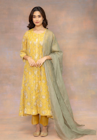 Rosa Yellow Sanganeri Chanderi Silk A Line Kurta with Hand Embroidery and Slip