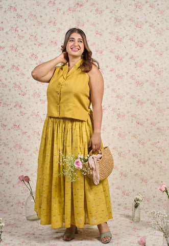 Jenny Yellow Sanganeri Mul Cotton A Line Skirt